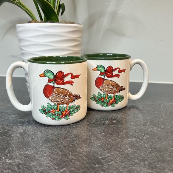 2-Vintage 1987 Potpourri Press Ceramic Holiday Christmas Mallard Duck Coffee Cup - Picture 1 of 12